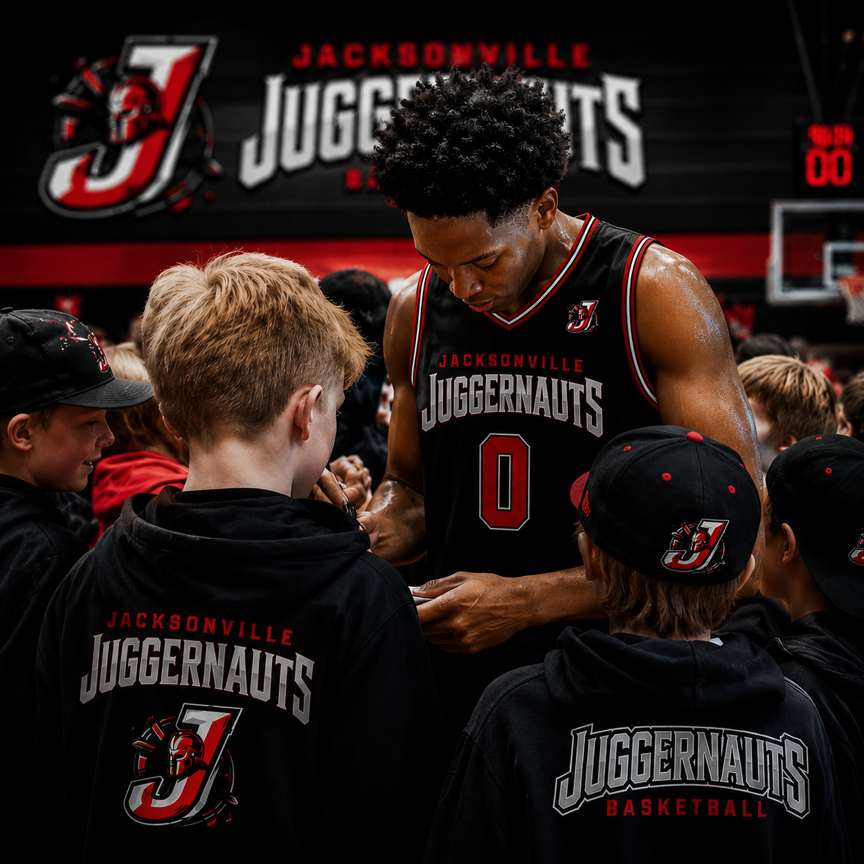 Juggernauts player signing autographs for young fans