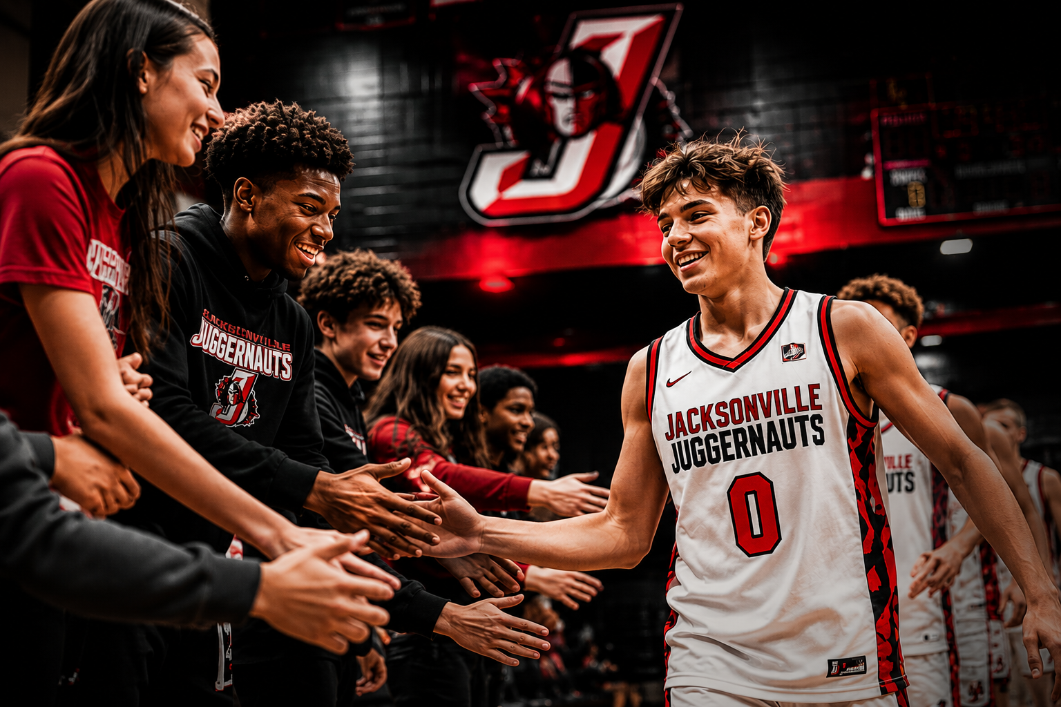 Juggernauts player high-fiving fans while running onto the court