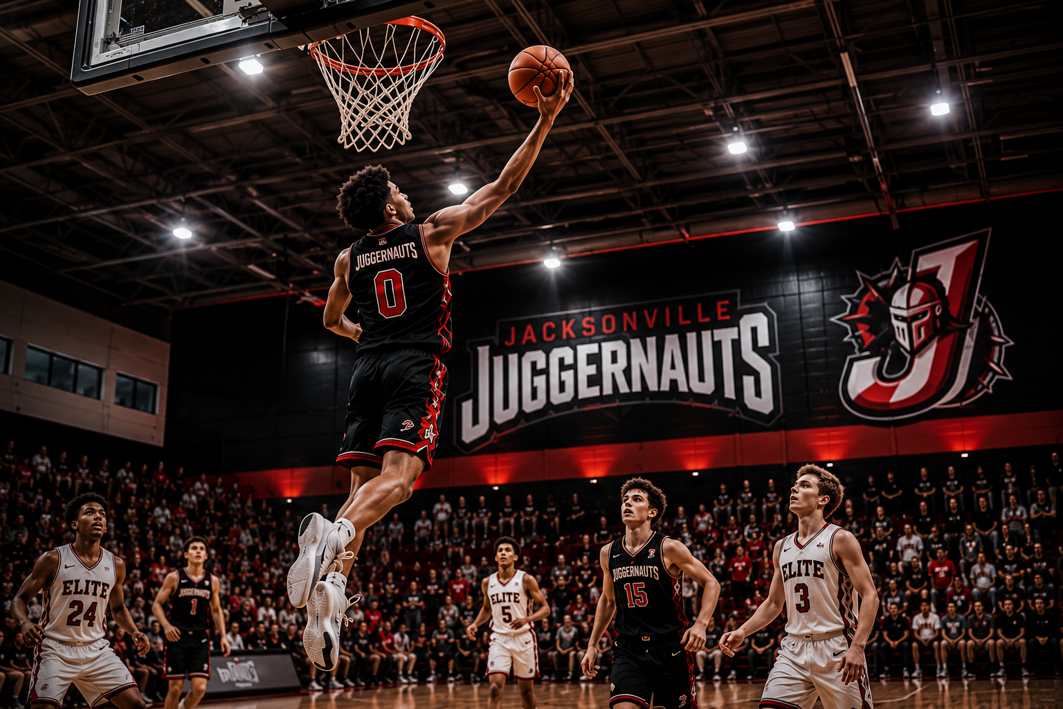 Juggernauts player finishing a slam dunk during a game